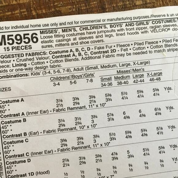 McCalls Sewing Pattern M5956 Adult Costume Dog Wolf Pig Monkey Jumpsuit UNCUT - Picture 3 of 3